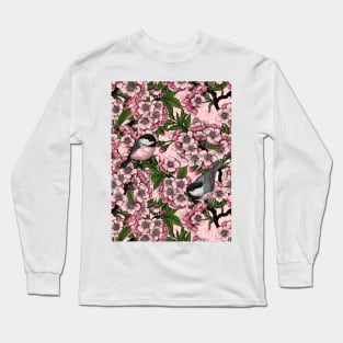 Cherry blossom and chickadees on pink Long Sleeve T-Shirt